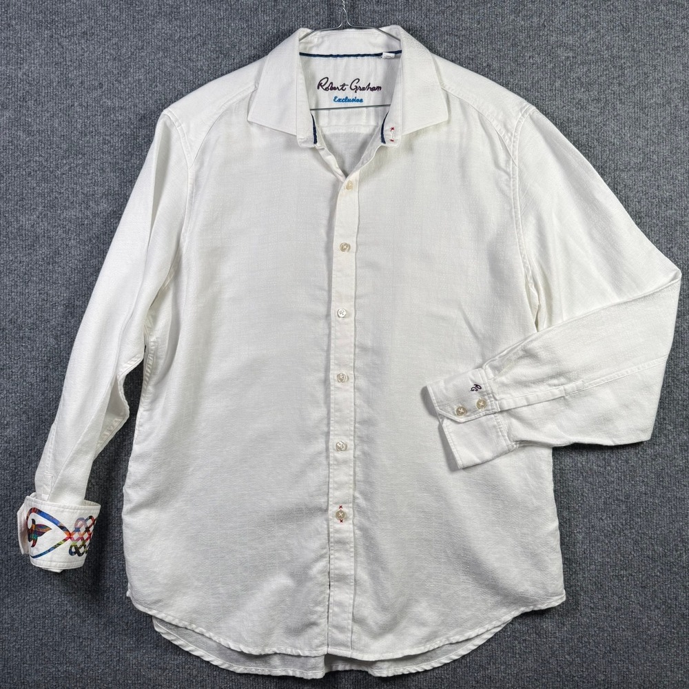 Robert Graham Button Down Mens XL White Linen Blend Jacquard Colorful Cuffs
